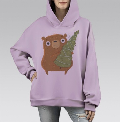 Медведь с рождественской ёлкой тепла и уюта, Hoodie Mono Fiolet, оверсайз, утепленная