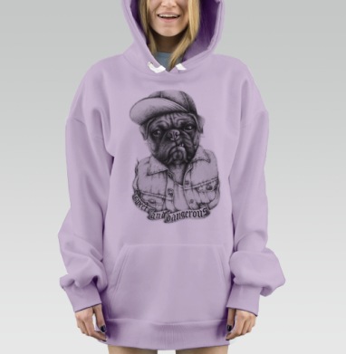 Оригинальный монохромный портрет питомца крутой мопс хулиган, Hoodie Mjhigh Dig Mel, Fiolet, утепленная