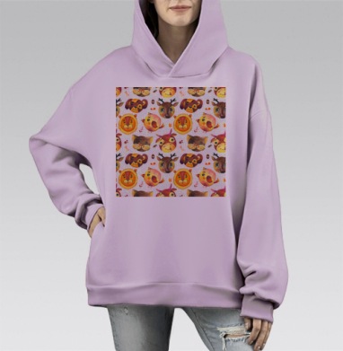 Тёплый паттерн с милыми акварельными животными, Hoodie Mono Fiolet, оверсайз, утепленная