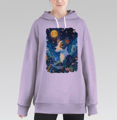 Волшебная собака в ночном лесу — декоративная иллюстрация, Hoodie Long Oversize Fiolet
