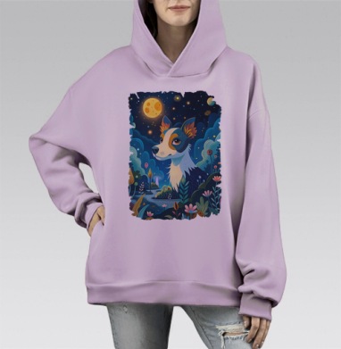 Волшебная собака в ночном лесу — декоративная иллюстрация, Hoodie Mono Fiolet, оверсайз, утепленная