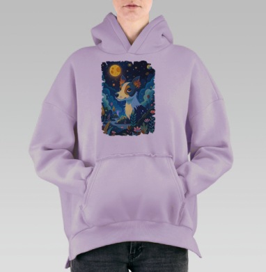 Волшебная собака в ночном лесу — декоративная иллюстрация, Hoodie Oversize Fiolet, утепленная