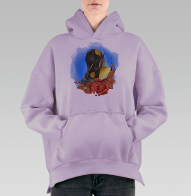 Картина с двумя нежными пингвинами и красочным цветком, Hoodie Oversize Fiolet, утепленная