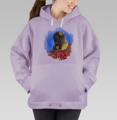 Картина с двумя нежными пингвинами и красочным цветком, Hoodie Oversize Fiolet