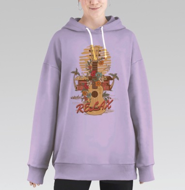 Постер RELAX с укулеле и тропическим мотивом, Hoodie Long Oversize Fiolet