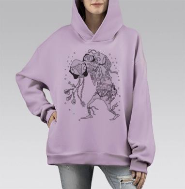 Путник подводных глубин с рюкзаком и амулетами, Hoodie Mono Fiolet, оверсайз, утепленная