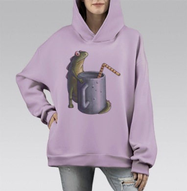 Забавное рыбоподобное существо с кружкой и соломинкой, Hoodie Mono Fiolet, оверсайз, утепленная