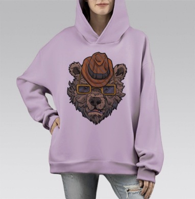 Стильный медведь в шляпе и очках — яркий арт, Hoodie Mono Fiolet, оверсайз, утепленная
