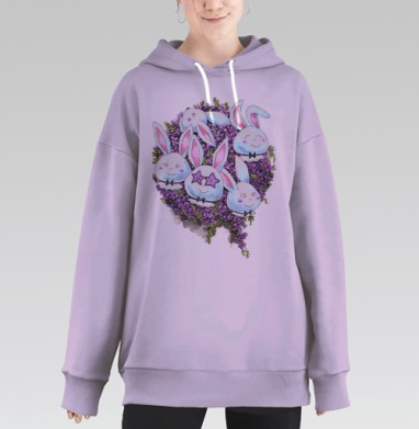Милые белые кролики в фиолетовых цветах, Hoodie Long Oversize Fiolet