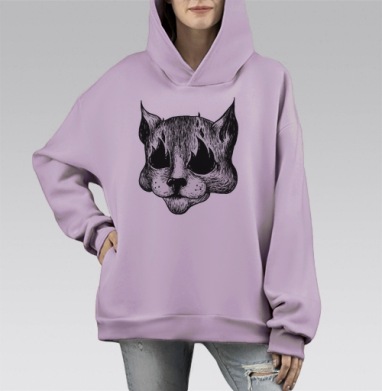 Кошачья голова с пламенными глазами в гравюре, Hoodie Mono Fiolet, оверсайз, утепленная