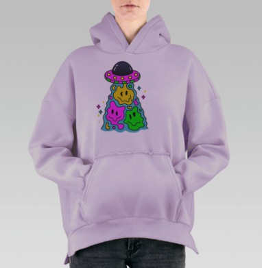 Яркая мультяшная летающая тарелка с улыбками, Hoodie Oversize Fiolet, утепленная