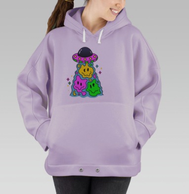 Яркая мультяшная летающая тарелка с улыбками, Hoodie Oversize Fiolet
