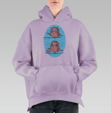 Милые совята: утро и работа – арт-принт, Hoodie Oversize Fiolet, утепленная