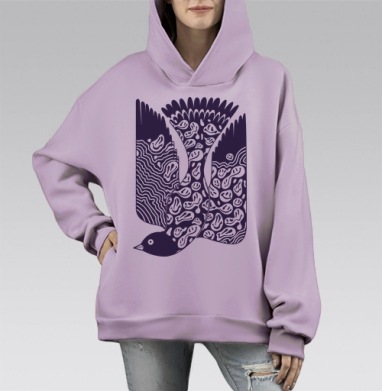 Стилизованное изображение птицы с абстрактными смайликами, Hoodie Mono Fiolet, оверсайз, утепленная
