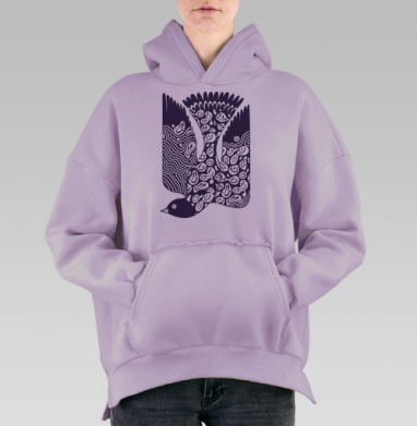 Стилизованное изображение птицы с абстрактными смайликами, Hoodie Oversize Fiolet, утепленная