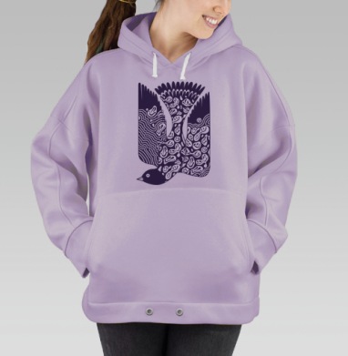 Стилизованное изображение птицы с абстрактными смайликами, Hoodie Oversize Fiolet