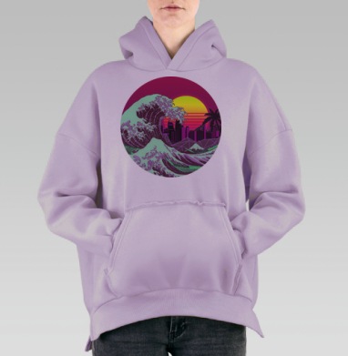 Ретровейв волна Хокусая в неоновых цветах, Hoodie Oversize Fiolet, утепленная