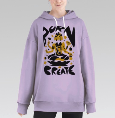 Брахма в позе лотоса с текстом «РОЖДЁН, ЧТОБЫ СОЗИДАТЬ», Hoodie Long Oversize Fiolet