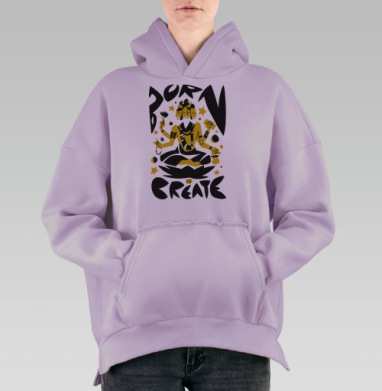 Брахма в позе лотоса с текстом «РОЖДЁН, ЧТОБЫ СОЗИДАТЬ», Hoodie Oversize Fiolet, утепленная