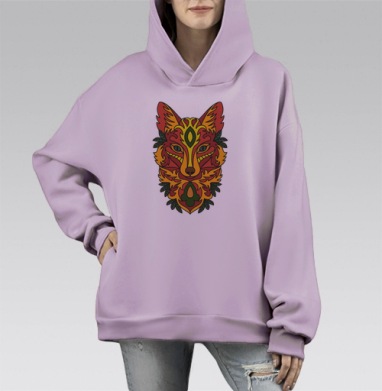 Яркая голова лисы в орнаментальном стиле, Hoodie Mono Fiolet, оверсайз, утепленная