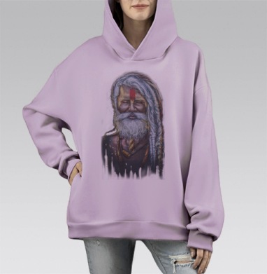 Портрет садху в медитации с красной тилакой, Hoodie Mono Fiolet, оверсайз, утепленная