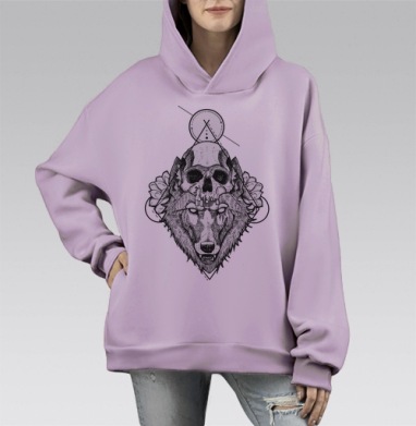 Волк с Черепом в Мистической Геометрии, Hoodie Mono Fiolet, оверсайз, утепленная