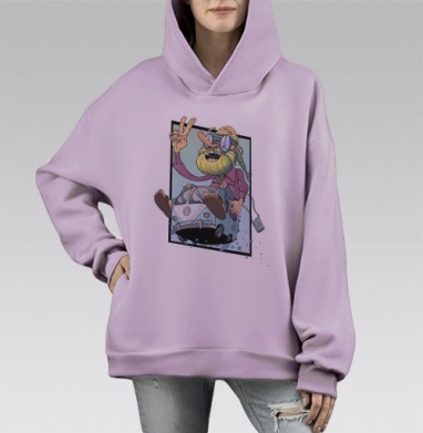 Весёлый хиппи на винтажном VW микроавтобусе, Hoodie Mono Fiolet, оверсайз, утепленная