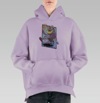 Весёлый хиппи на винтажном VW микроавтобусе, Hoodie Oversize Fiolet, утепленная
