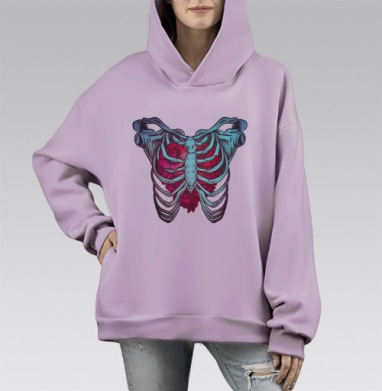 Скелет грудной клетки с распускающимися пионами, Hoodie Mono Fiolet, оверсайз, утепленная