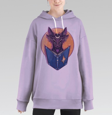Мистический кот софт-хоррор иллюстрация, Hoodie Long Oversize Fiolet