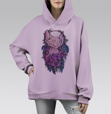 Мистический сфинкс с ловцом снов и перьями, Hoodie Mono Fiolet, оверсайз, утепленная