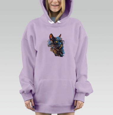 Кошка в очках с кубистическим узором, Hoodie Mjhigh Dig Mel, Fiolet, утепленная