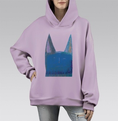 Синий задумчивый кот с крупными ушами, Hoodie Mono Fiolet, оверсайз, утепленная