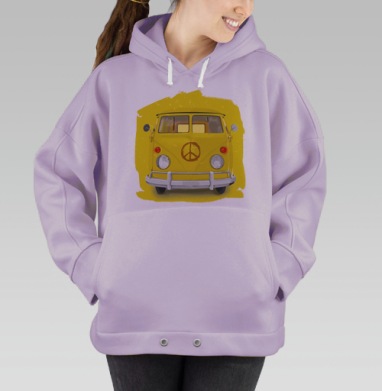 Яркий жёлтый микроавтобус Volkswagen с символом мира, Hoodie Oversize Fiolet