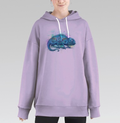 Стилизованный хамелеон с надписью STAY TRUE, Hoodie Long Oversize Fiolet