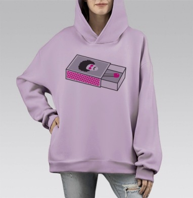 Стилизованное лицо с афро прической и розовыми очками на коробке, Hoodie Mono Fiolet, оверсайз, утепленная