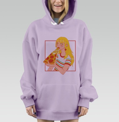 Яркий принт Девушка с пиццей и сырной тянучкой, Hoodie Mjhigh Dig Mel, Fiolet, утепленная