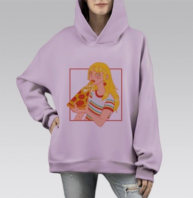 Яркий принт Девушка с пиццей и сырной тянучкой, Hoodie Mono Fiolet, оверсайз, утепленная