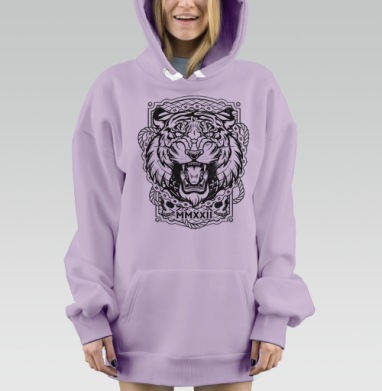 Графический логотип с агрессивным тигром и черепами, Hoodie Mjhigh Dig Mel, Fiolet, утепленная