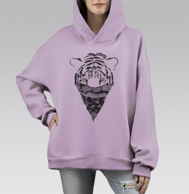 Графичный тигр в бандане – стиль и дикая сила, Hoodie Mono Fiolet, оверсайз, утепленная