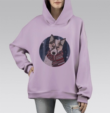 Милый хаски с шарфом в зимнем лесу, Hoodie Mono Fiolet, оверсайз, утепленная