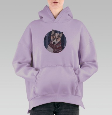 Милый хаски с шарфом в зимнем лесу, Hoodie Oversize Fiolet, утепленная