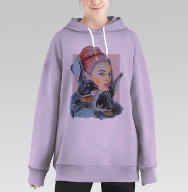 Нежность и тайна: Женщина с двумя чёрными кроликами, Hoodie Long Oversize Fiolet