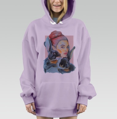 Нежность и тайна: Женщина с двумя чёрными кроликами, Hoodie Mjhigh Dig Mel, Fiolet, утепленная