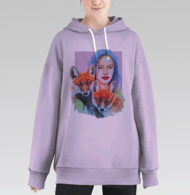 Женщина с синими волосами и лисятами — акварельное искусство, Hoodie Long Oversize Fiolet