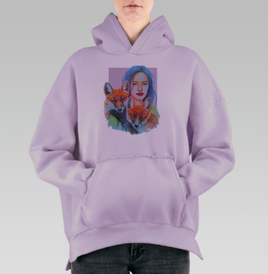 Женщина с синими волосами и лисятами — акварельное искусство, Hoodie Oversize Fiolet, утепленная