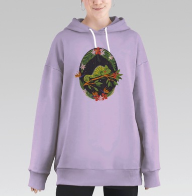 Яркий зеленый хамелеон на ветке в тропиках, Hoodie Long Oversize Fiolet