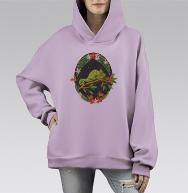 Яркий зеленый хамелеон на ветке в тропиках, Hoodie Mono Fiolet, оверсайз, утепленная