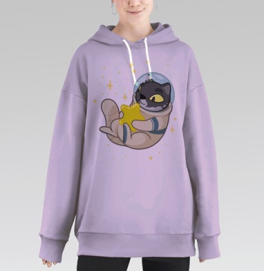 Кот-космонавт с желтой звездой в космосе, Hoodie Long Oversize Fiolet