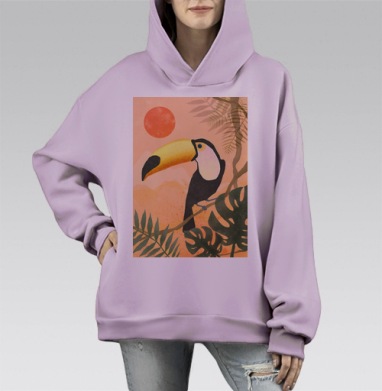 Тукан на ветке в тропическом пейзаже, Hoodie Mono Fiolet, оверсайз, утепленная
